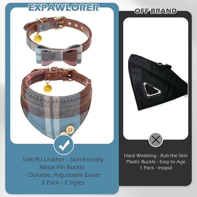 EXPAWLORER Dog Collar Bandana Set - Classic Plaid Dog Bow Tie and Bandana Collar with PU Leather, Adjustable Collars for Small Medium Large Dogs Cats, Holiday Ideal Gift, Blue S