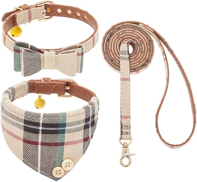 EXPAWLORER Dog Collar and Leash Set - Classic Plaid Dog Bow Tie and Dog Bandana Collar with Bell, Dog Leash Tangle Free, Adjustable Collars for Small Medium Large Dogs Cats, Holiday Ideal Gift, S
