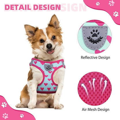 KOOLTAIL Valentines Dog Harness and Leash Set for Small Medium Dogs, Step in No Pull Soft Mesh Dog Harness Padded Pet Vest, Adjustable Reflective Easy Walking Puppy Harnesses Training, Pink Heart XS