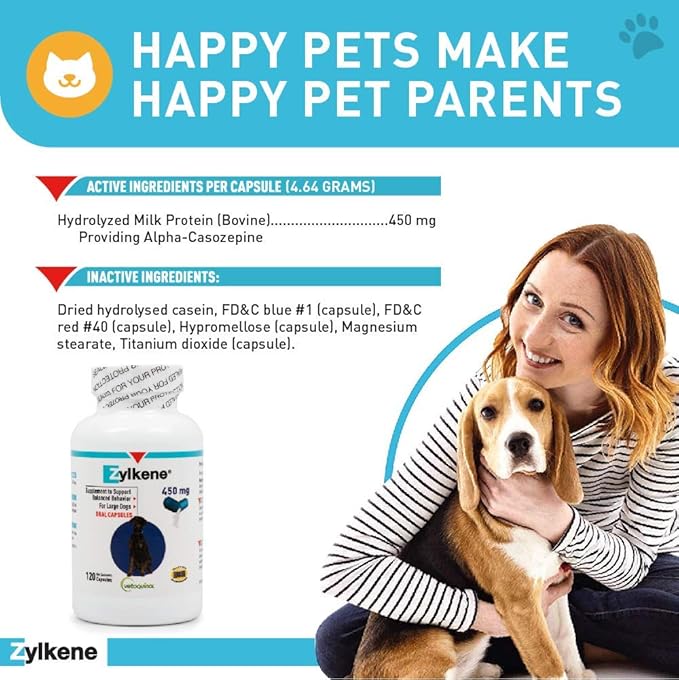 Vetoquinol Zylkene - Calming Support for Large Dogs 33–132 lb - Supports Behavior & Occasional Anxiety - Perfect for Boarding, Vet Visits & Celebrations - Non-Drowsy & Lactose-Free - 120 Capsules
