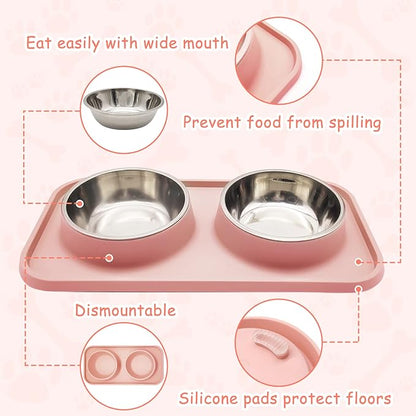 BNOSDM Double Dog Food Bowls Stainless Steel Dog Food and Water Bowls with Non-Spill Plastic Mat Pet Cat Feeder Bowl Set for Puppy Cats Kitten Small Medium Dogs Pink