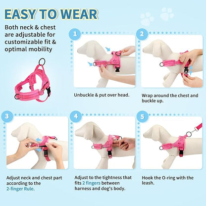 Lukovee No Pull Dog Harness and Leash Set, Soft Padded Small Dog Harness, Neck & Chest Adjustable Reflective Vest Puppy Harness with 4ft Lightweight Anti-Twist Dog Leash for Small Dogs (XXS, Pink)
