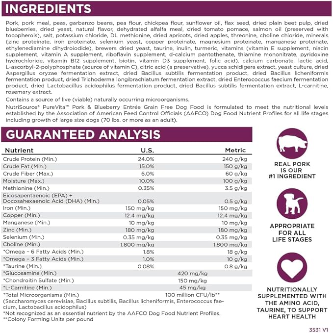 NutriSource Pure Vita Grain Free Pork & Blueberry Dog Food, 25LB