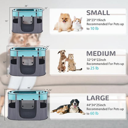 Portable Dog Cat Playpen with Waterproof Pad,Collapsible Pet Puppy Kitten Crate,Foldable Small Animals Kennel Cage for Indoor Outdoor Travel Camping,Water-Resistant Breathable Shade Cover (Green M)