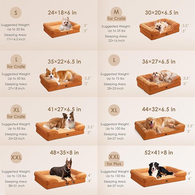 EHEYCIGA Orthopedic Dog Beds for Large Dogs, Waterproof Memory Foam Large Dog Bed with Sides, Non-Slip Bottom and Egg-Crate Foam Pet Couch Bed with Washable Removable Cover,Pumpkin Orange