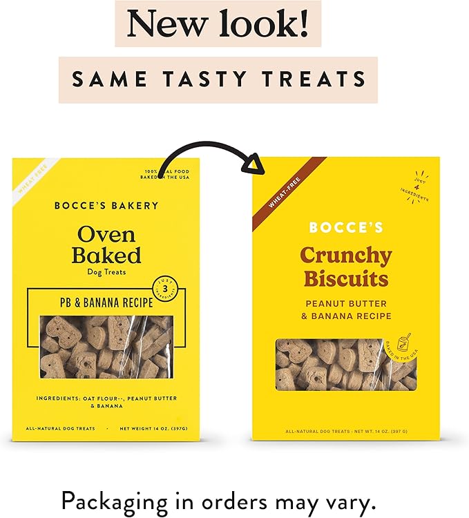 Bocce's Bakery Oven Baked PB & Banana Recipe Treats for Dogs, Wheat-Free Dog Treats, Made with Real Ingredients, Baked in The USA, Natural Peanut Butter & Banana Biscuits, 14 oz