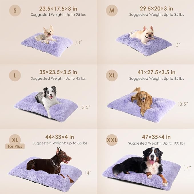 EHEYCIGA Fluffy XXL Dog Crate Pad, Plush Faux Fur Crate Bed for Extra Large Dogs, Calming Anti Anxiety XXL Dog Bed, Washable Soft Warm Mat with Non-Slip Bottom, Purple