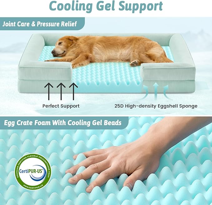 Cooling Dog Bed for Extra Large Dogs, Q-Max >0.4 Summer Cool Orthopedic Foam Pet Sofa Bed with Sides, Bolster Anti-Slip Couch with Washable Removable Cover, XXL 48x35x7.5 inch, Green