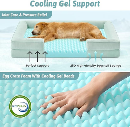 Cooling Dog Bed for Extra Large Dogs 44x32 inch, Q-Max >0.4 Summer Cool Orthopedic Foam Pet Sofa Bed with Sides, XL Size Bolster Anti-Slip Couch with Washable Removable Cover, Green