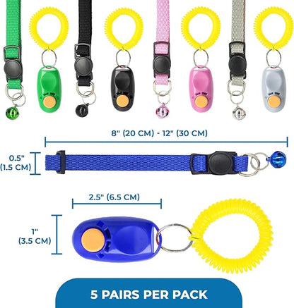 SunGrow Puppy Collars & Training Clickers, Dog Behavioral Management and Positive Reinforcement Tools, Multi-Colored (Blue, Pink, Green, Grey, Black), with Stretchable Wristband, 5 Pairs per Pack
