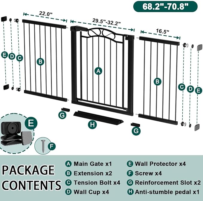 Fairy Baby 68.2"-70.8" Extra Wide Baby Gate with Door, 69 70 Inches Walk THR Baby Gates for Stairs Pressure Mounted no Drill, Indoor Tension Metal Child Pet Dog Safety Gate for Kids, Black