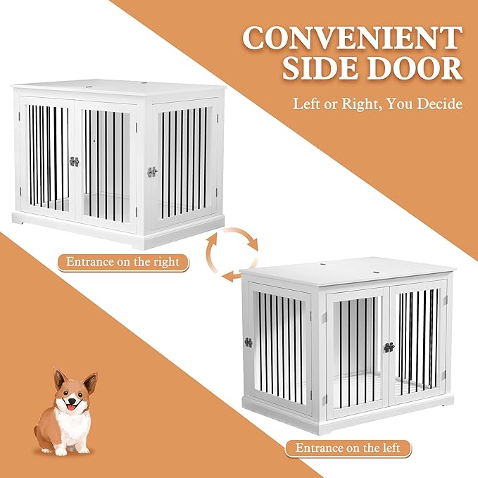 PUPETPO Dog Crate Furniture with Cushion, Dog Crate End Table Large, Indoor Dog Kennel, Dog House, Dog Cages for Large Dogs, Furniture Style Dog Crate with Flip-top, Chew-Proof Metal Bars, White