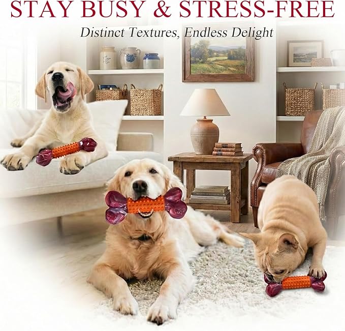 Apasiri Tough Dog Toys for Aggressive Chewers: Peanut Butter Flavored Long Lasting Dog Bones for Large Dogs, Heavy Duty Nylon & Rubber Dog Chew Toys to Keep Them Busy, Medium & Large Breed, Orange