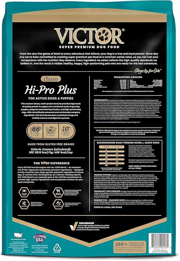 VICTOR Super Premium Dog Food – Hi-Pro Plus Dry Kibble – High Protein Dog Food with 30% Protein – Beef, Chicken, Pork, Fish Meals, Gluten Free - for High Energy and Active Dogs & Puppies, 15lbs