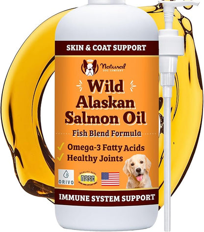 Natural Dog Company Wild Alaskan Salmon Oil Formula with Omega 3, Fish Oil for Dogs Supplement, Skin & Coat Dog Oil, Itchy Relief, Immune Support for Joints & Heart, Liquid Food Topper, 32 oz