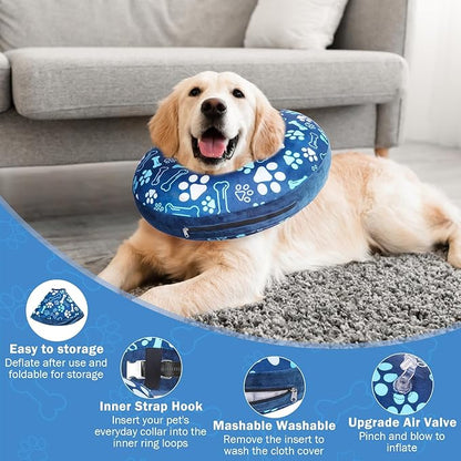 SCENEREAL Dog Cone Alternative After Surgery Donut Collar, Soft Pet Recovery Pillow Collar for Medium Large Dogs, Inflatable Adjustable Neck Collars to Prevent Licking, Bone and Paw Print E-Collars