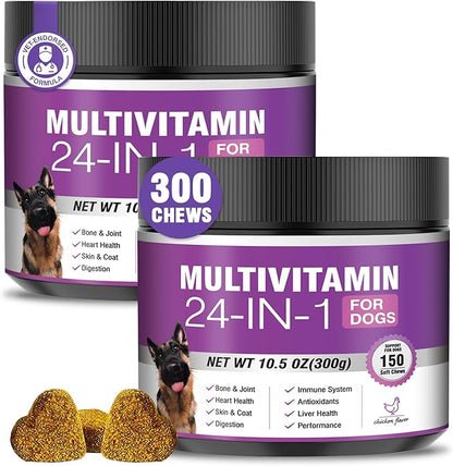 24-in-1 Dog Vitamins and Supplements 300 Ct Dogs Multivitamin Chewable Contain Chondroitin Probiotics Omega-3 Glucosamine for Dogs Skin Coat Heart Joint Gut Liver Brain Eyes Immune Support - Chicken
