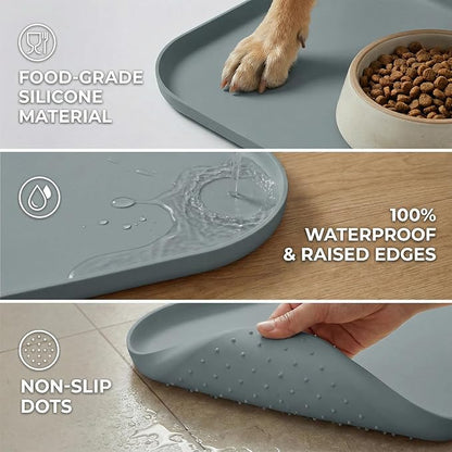 BLESWIN Non-Slip Silicone Dog Food Mat for Food and Water, 18" x 12" Raised Edge Pet Feeding Mat - Waterproof Dog Bowl Mat Easy Clean for Floor Protector,Grey