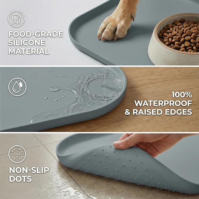 BLESWIN Waterproof Silicone Pet Feeding Mat Grey with Raised Edge,24" x 16"Non-Skid Spill Proof Dog Bowl Mats, Easy Clean Cat Bowls Placemat for Cats and Dogs