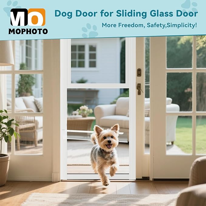 MOPHOTO Dog Door for Sliding Glass Door, Adjustable Height 74.8"-80" Glass Pet Door, No-Drill Insert Installation, Rental-Friendly Sliding Pet Door with Security Lock & Weather Stripping, White