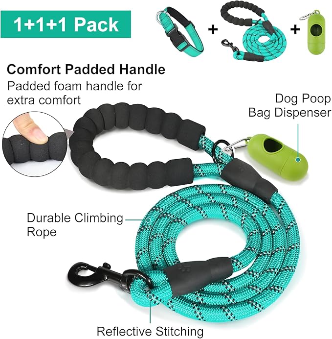 Dynmeow Reflective Dog Collar and Leash Set, 6FT Strong Climbing Rope Leash with Padded Handle, Adjustable Pet Collar with Soft Neoprene Padding for Puppy Small Dogs, Teal, Xs
