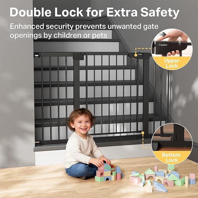 Cumbor 2 Pack 29.7-51.5" Extra Wide Baby Gate for Stairs, Easy Walk Through Dog Gates for Doorways, Pressure Mounted Pet Gate Indoor, Safety Auto-Close Child Gate for Kids with 4 Wall Cups, Black