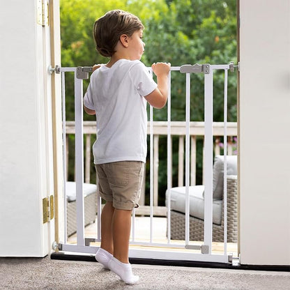 InnoTruth 28.9-42.1" Wide Baby Gate for Stairs & Doorways, 30" Tall Pressure Mounted Dog Gates for Stairs Expandable One-Hand Open, Easy Step Walk Through Dual Lock Metal Pet Gates for Dogs, White