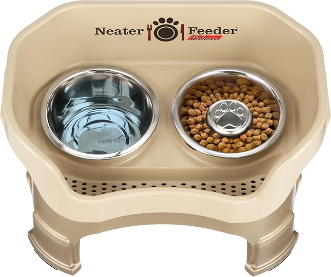 Neater Feeder Deluxe Mess-Proof Elevated Dog Bowls for Medium Dogs (19–40 lbs), 2 Height Adjustable (10” & 12.5”) No-Spill Raised Dog Bowl Stand w/Slow Feed Bowl for Food, Made in USA, Cappuccino