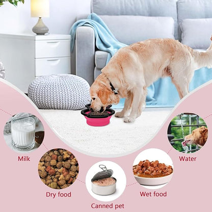 Collapsible Silicone Cat and Dog Travel Bowls,2 in 1 Foldable Pet Feeding and Watering Dish for Walking Camping Hiking with Carabiner (Rose Red)
