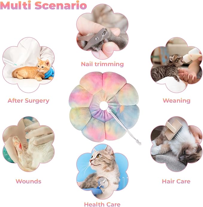 Flower Cat Cone, Uadonile Adjustable Cat Cone Collar, Soft Dog Elizabethan Collar Recovery E Collar After Surgery, Recovery E-Collar for Kittens/Puppies and Cats Recovery(Tie-dye Pink Blue, S)