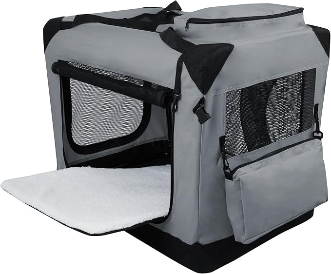 EliteField 3-Door Folding Soft Dog Crate with Carrying Bag and Fleece Bed (2 Year Warranty), Indoor & Outdoor Pet Home (24" L x 18" W x 21" H, Light Gray)