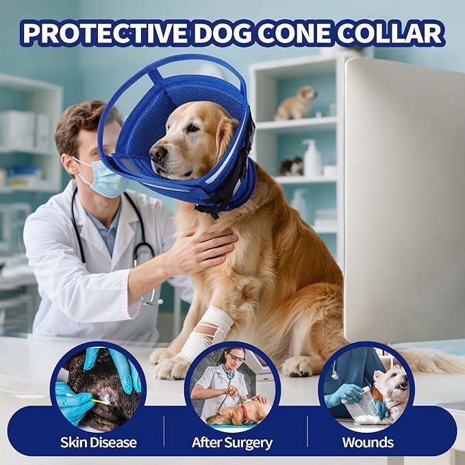 Allroaring Dog Cone Collar, Soft Cone for Dogs to Stop Licking, Adjustable Breathable Dog Cones for Medium Dogs Wound Care, Spay, Neuter, Pet Surgery Collar Blue M