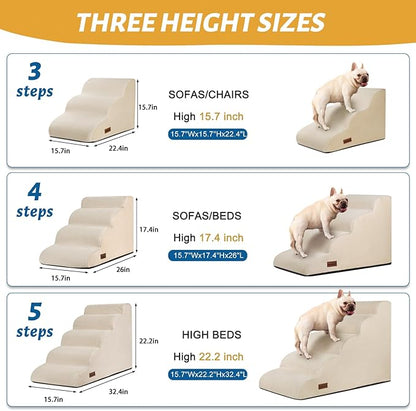 Aodisman 5-Step Dog Stairs and Ramp for High Bed,Non-Slip Sturdy Pet Steps for Small Dogs and Cats,22.2" H,Beige