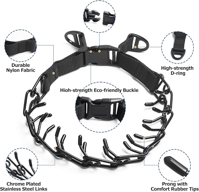 Prong Collar for Large Dogs, Dog Pinch Collar,Dog Training Collar,High Strength Quick Release Buckle,Comfort Rubber Tips (Black，4.0mm, 23.6-Inch)
