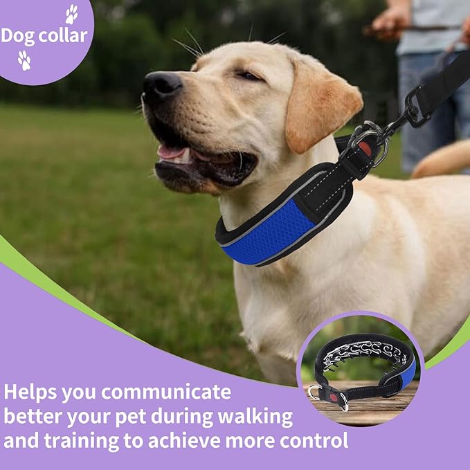 Martingale No Pull Dog Collar for Large Medium Dogs Training Walking, Heavy Duty Nylon Reflective Adjustable Anti Pull Slip Collar with Buckle L Blue