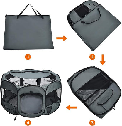 AmazonBasics Foldable Octagonal Indoor/Outdoor Portable Soft Pet Dog Playpen with Storage Pockets, Large (45 x 45 x 24 inches), Grey