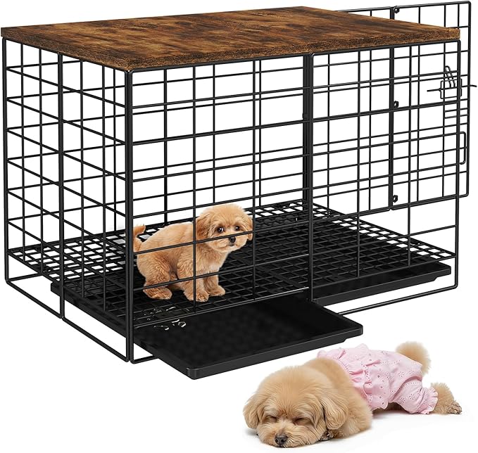 24 Inch Small Dog Crate - Indoor Puppy Kennel with Training Tray, Wooden Top & Thickened Metal Wire, Dog Cage for Small Dogs & Puppies Under 20 lbs, Decorative All-Stage Pet House
