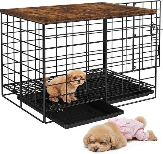24 Inch Small Dog Crate - Indoor Puppy Kennel with Training Tray, Wooden Top & Thickened Metal Wire, Dog Cage for Small Dogs & Puppies Under 20 lbs, Decorative All-Stage Pet House