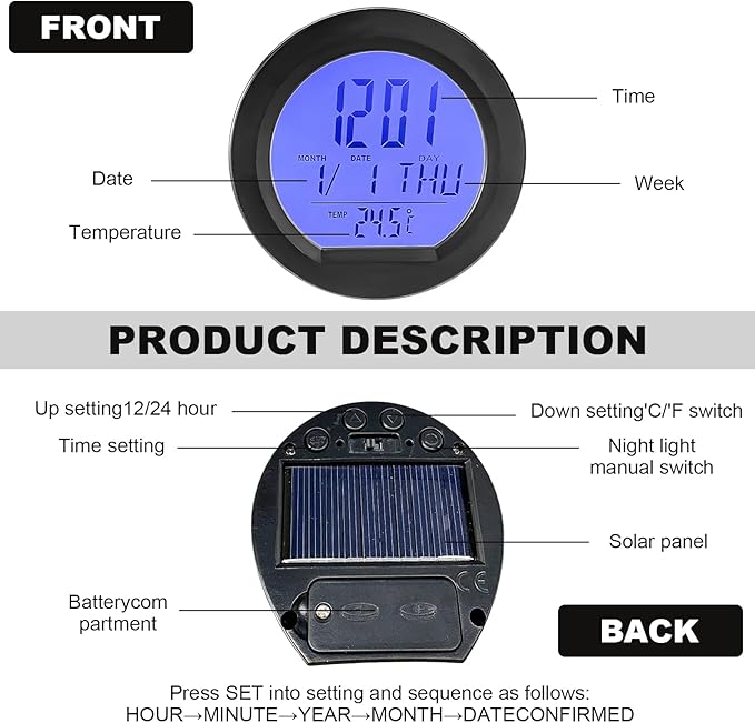 Car Digital Thermometer Clock, Solar Powered Dashboard Clock with Automatic Backlight, 24 Hour Format Time, Temperature, Calendar for Car Truck Home