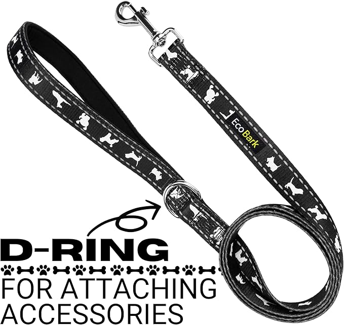 EcoBark Dog Leash - Soft & Reflective Comfort Leashes with Padded Handle - Strong Durable Heavy Duty - Training and Pulling for Small, Medium or Large Dogs (Black)
