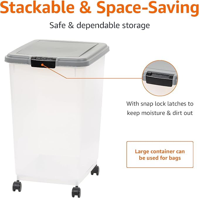 Amazon Basics Airtight Pet Food Storage Container with Scoop, BPA Free, Removable Wheels, 69 QT, Gray