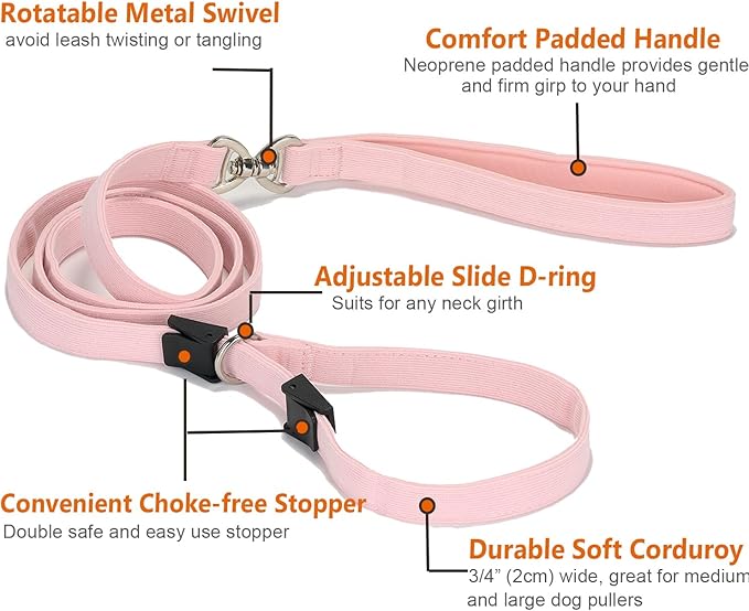 Slip Lead Dog Leash,Soft Corduroy 6 FT Dog Training Leash for Medium Large Dogs,No Pull Slip Leash and Collar with Padded Handle,Light Pink