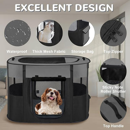Pet Dog Cat Playpen with Waterproof Pad,Portable Puppy Kitten Rabbit Crate and Other Small Animals Kennel Cage Tent for Indoor Outdoor Travel Camping,Water-Resistant Breathable Shade Cover (Grey S)