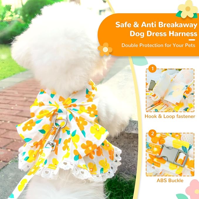 ABRRLO Dog Harness Dress Leash Set for Small Dog Summer Clothes Girl Female Puppy Cats Outfits Cute Floral Bowknot Princess Birthday Dress for Extra Small Pet Doggie Kitten Outfits Apparel(Yellow,L)
