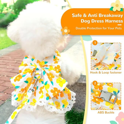 ABRRLO Dog Harness Dress Leash Set for Small Dog Summer Clothes Girl Female Puppy Cats Outfits Cute Floral Bowknot Princess Birthday Dress for Extra Small Pet Doggie Kitten Outfits Apparel(Yellow,M)