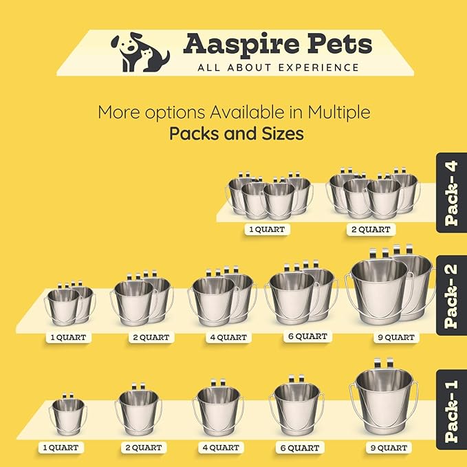 2 Quart Stainless Steel Flat Sided Bucket with Dual Hooks | 4 Pcs Durable Food & Water Bowl for Dog Cats Bird & Small Animals | Fits kennel Cage Crates Hanging Pet Pail | Multipurpose use