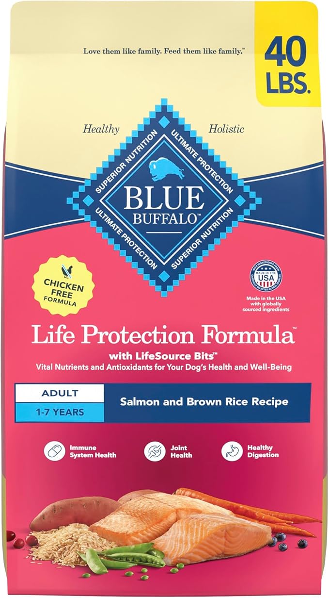 Blue Buffalo Life Protection Formula, Adult Dry Dog Food, Made with Natural Ingredients, Chicken Free, Salmon & Brown Rice, 40lb Bag