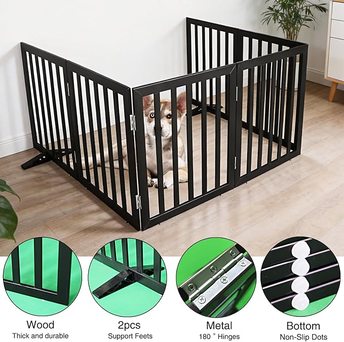 ZJSF Freestanding Indoor Dog Gate for House Foldable Wood Puppy Gate for Doorways Pet Gate for Stairs Extra Wide Pet Fence, Black, 24" Height 6 Panels