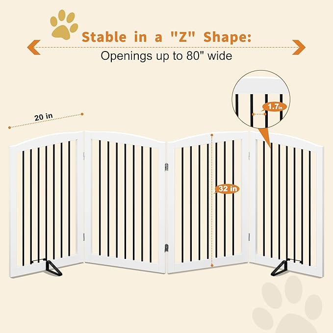 PUPETPO Freestanding Pet Gate for Dogs, Indoor Wooden Dog Gate for House, Foldable Dog Gate for Doorway, Stair, Gates for Dogs Indoor, 80 Inch Wide, 4 Panels 32", White