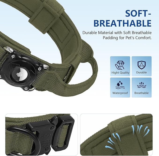 2026 Upgrade Waterproof AirTag Dog Collar, Comfortable Control Handle and Metal Buckle, Military Tactical Dog Collar with AirTag Holder, GPS Holder for Medium to Large Dogs (ArmyGreen,L)